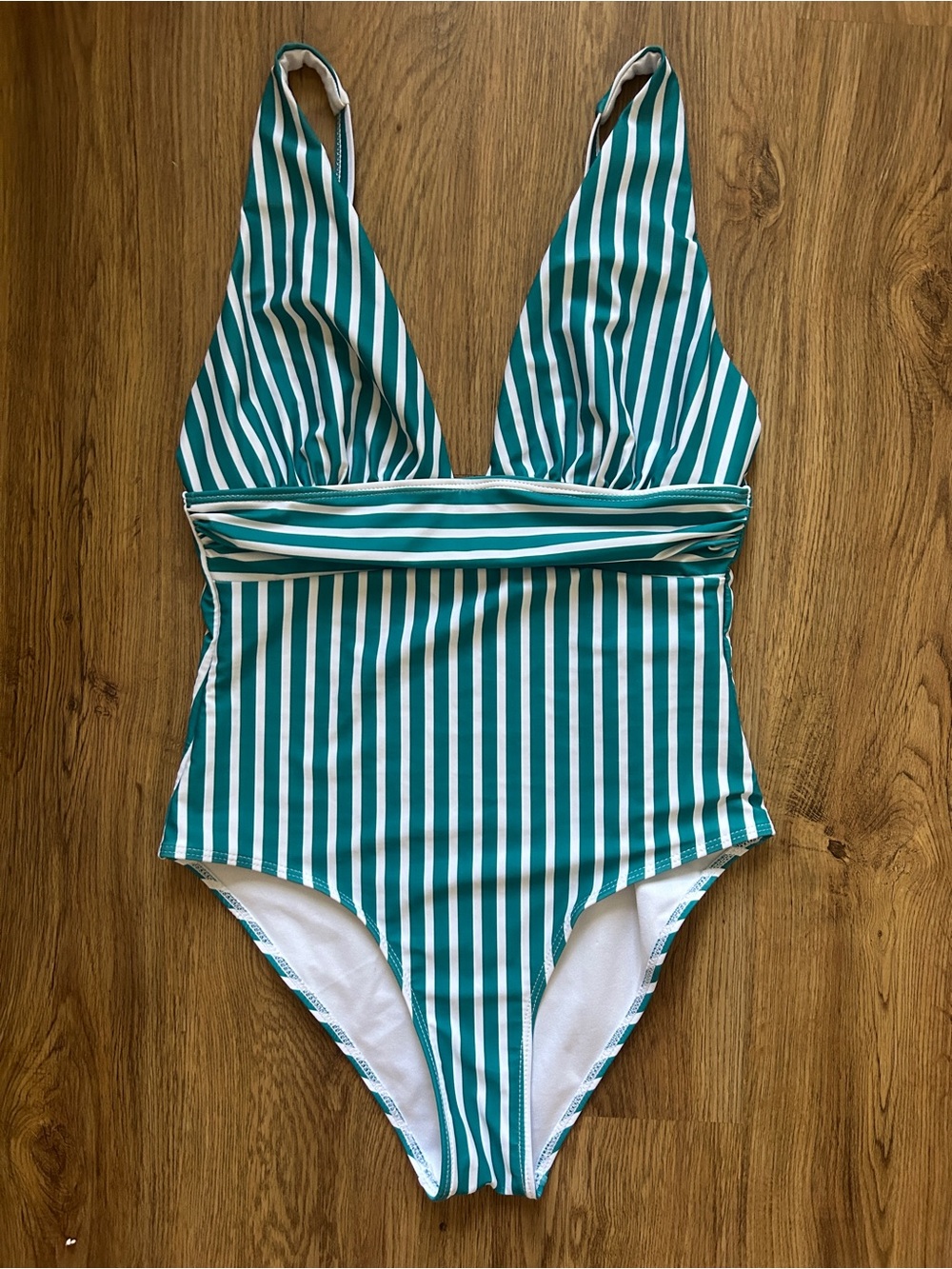 Striped Teal and White One-Piece Swimsuit